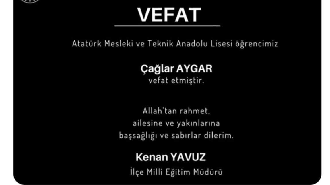 Değerli Öğrencimizin Vefatını derin bir üzüntü ile öğrendik, tüm camiamızın ve değerli ailesinin başı sağolsun. Allah(C.C.)'tan rahmet diliyoruz. MEkanı Cennet olsun.